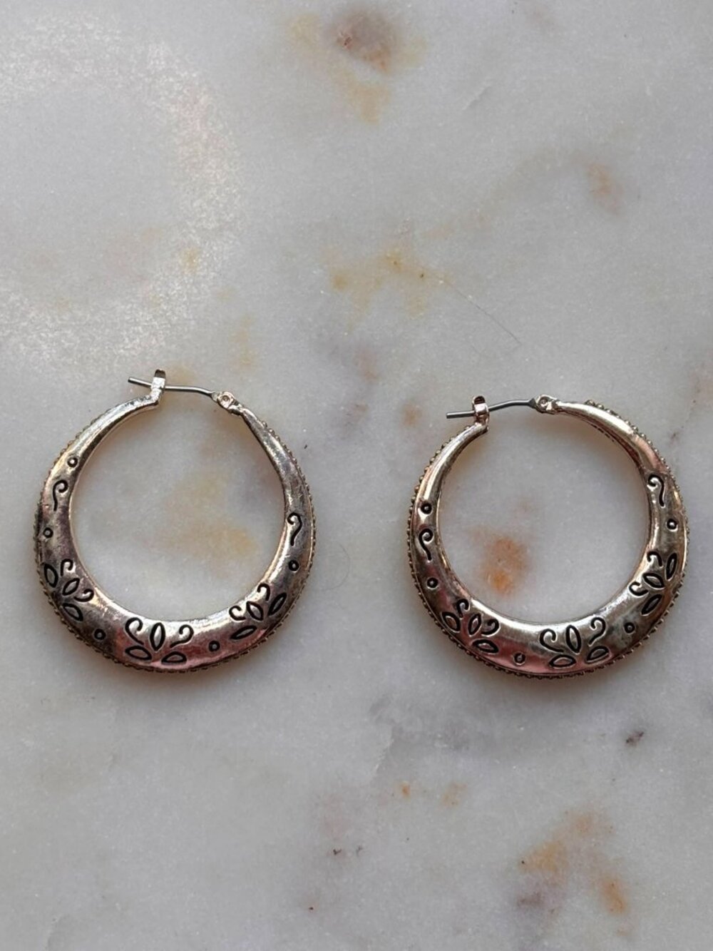 Vintage Monet Ornate Silver-Tone Boho Hoop Earrings 70s 80s